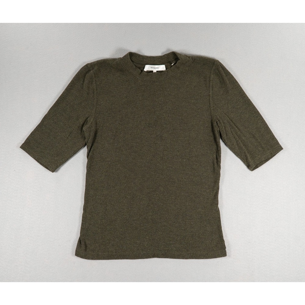 FRAME Ribbed Knit Mock Neck Top Olive Green Short Sleeve Women's Small
